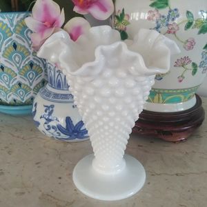 Vintage Fenton Ruffle Hobnail Milk Glass Vase